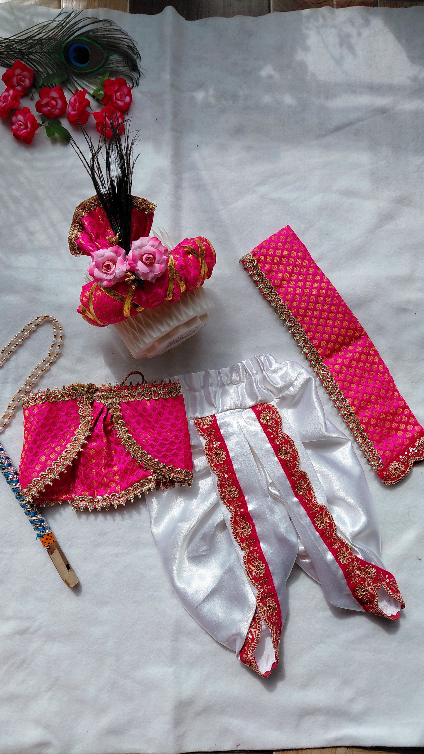 Krishna Costume white and pink with pagdi, bansuri and mala