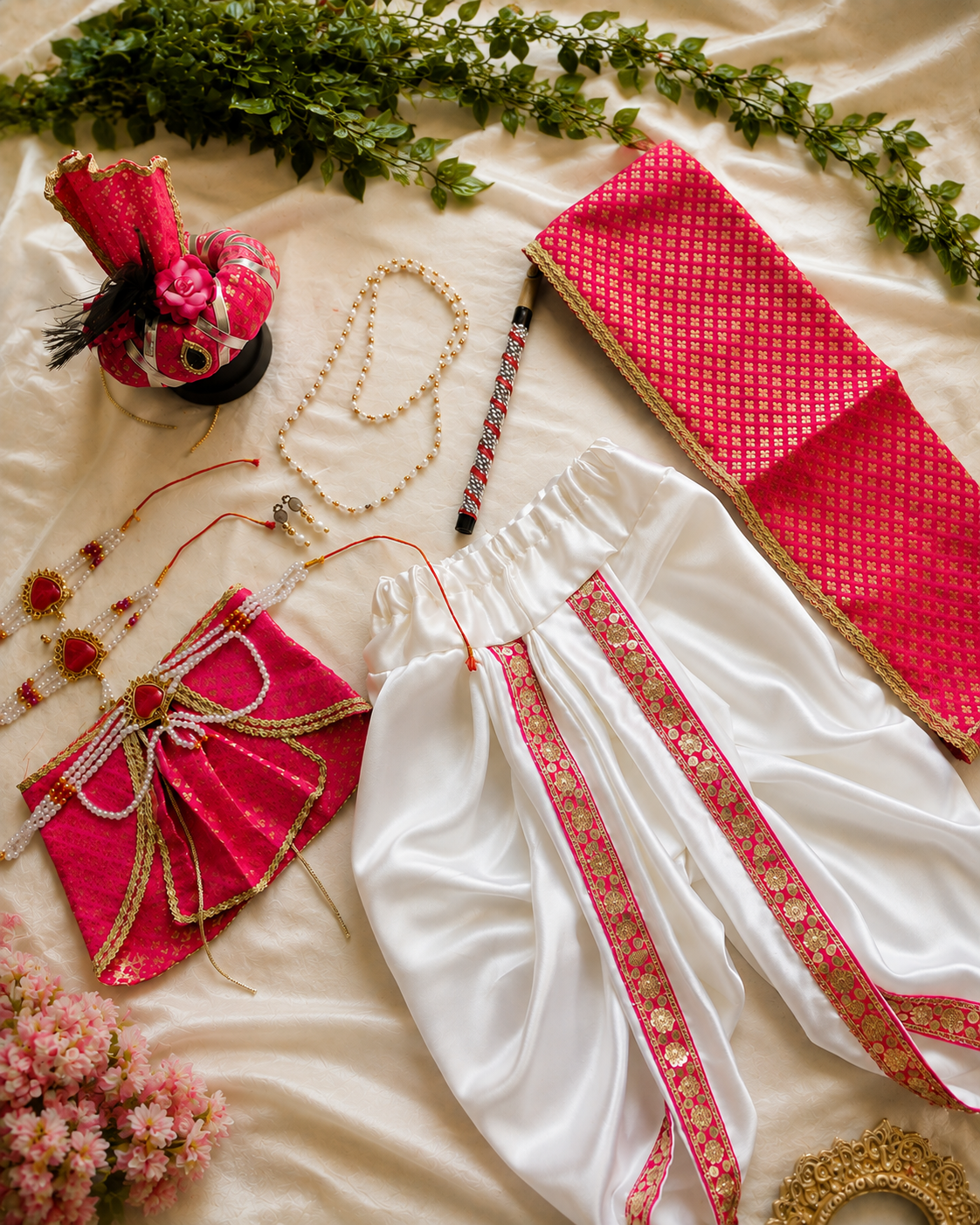 Krishna Costume white and pink with pagdi, bansuri and mala