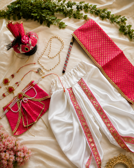 Krishna Costume white and pink with pagdi, bansuri and mala
