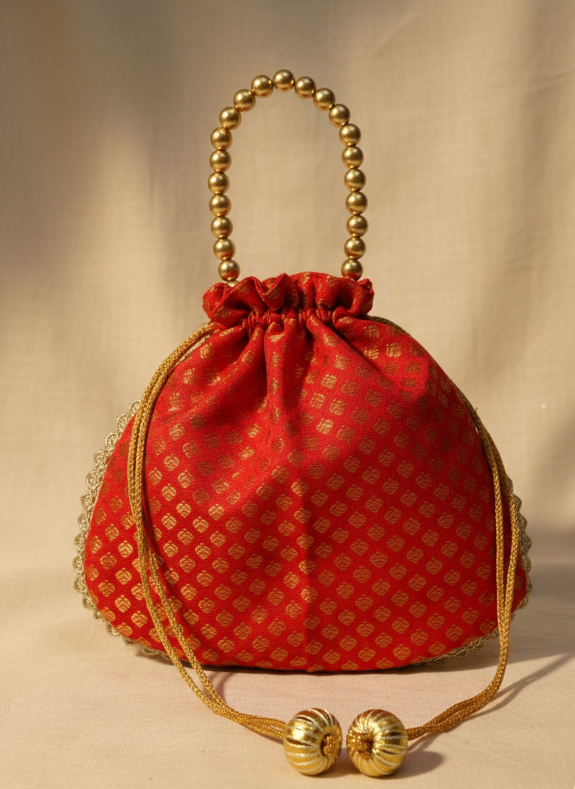 Red banarasi brocade potli bag