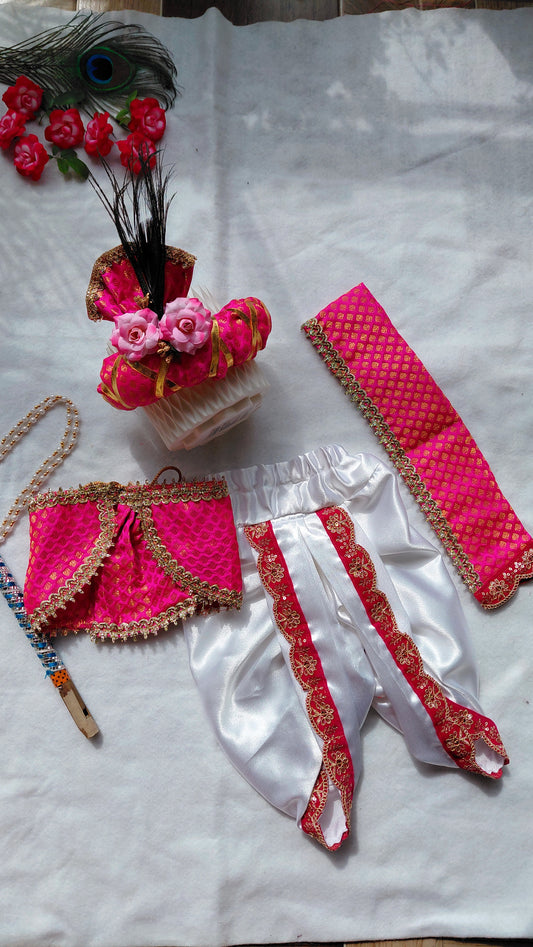 Krishna Costume white and pink with pagdi, bansuri and mala